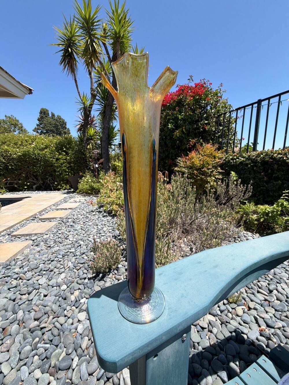 Large 14" Gold Iridescent Art Nouveau Style Glass Vase Signed Ron‎ Mynatt 2007